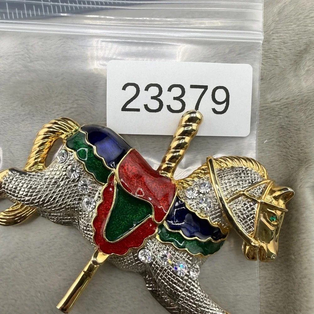 Vintage Estate Brooch Carousel Horse Gold Enamel Rhinestone Large 4in